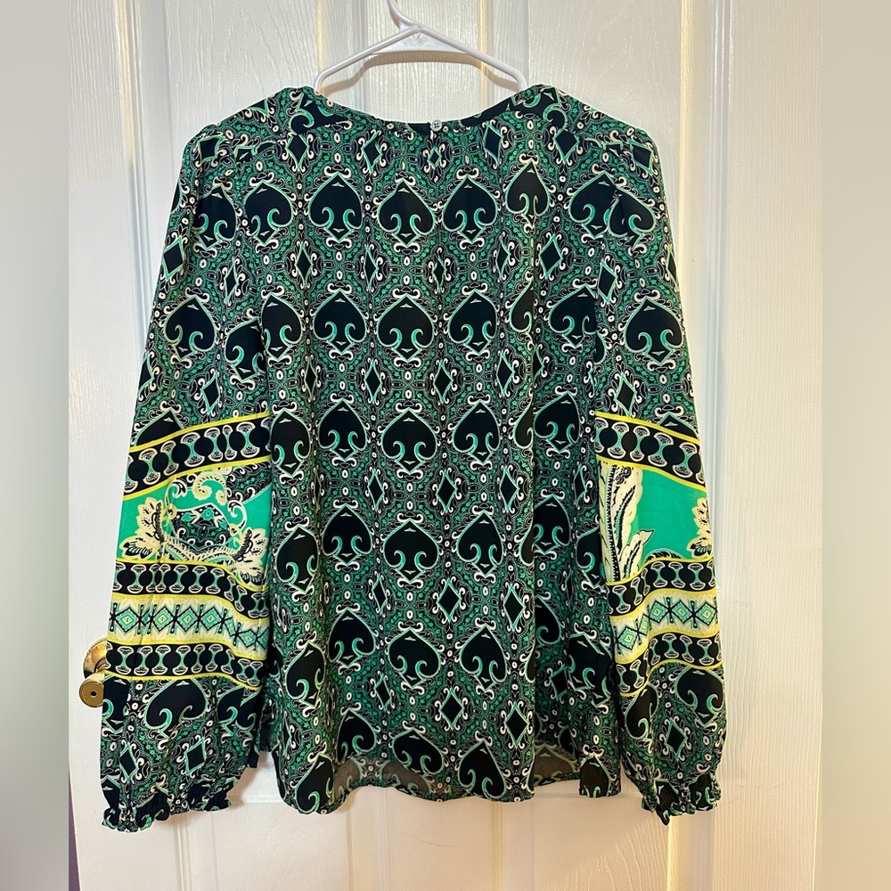 LOFT Medium Long Sleeve Vibrant Green Geometric Floral Paisley Print Blouse - Picture 6 of 6